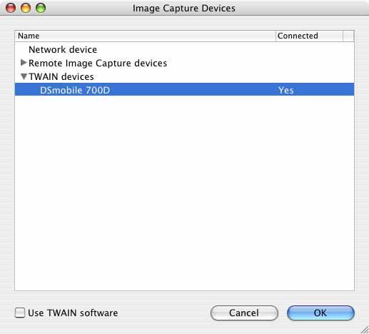 Obsługa w systemie Mac OS X f Zostanie wyświetlone okno Image Capture Devices (Urządzenia przechwytywania obrazu). 2 g Kliknij pozycję DSmobile 700D.