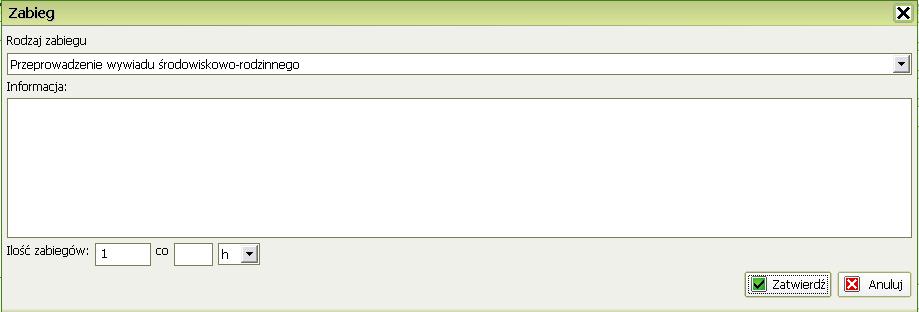 33 Zabiegi dodajemy klikając na przycisk Po wybraniu Rodzaju zabiegu możemy wpisać adnotacje oraz zapanować ilość zabiegów oraz z jaką