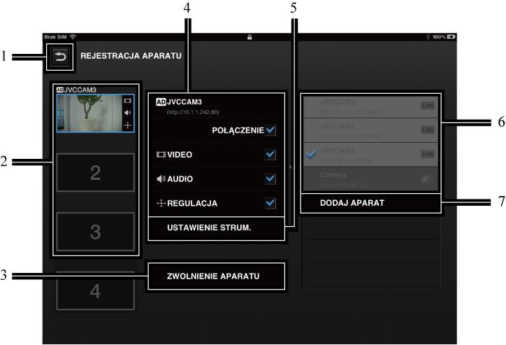 Rozdział 3 Opis Ekranów Ekran [REJESTRACJA APARATU] Ekran [REJESTRACJA APARATU] 1 Przycisk Powrotu Powrót do ekranu wyświetlacza. 2 Lista REJESTRACJI APARATÓW.