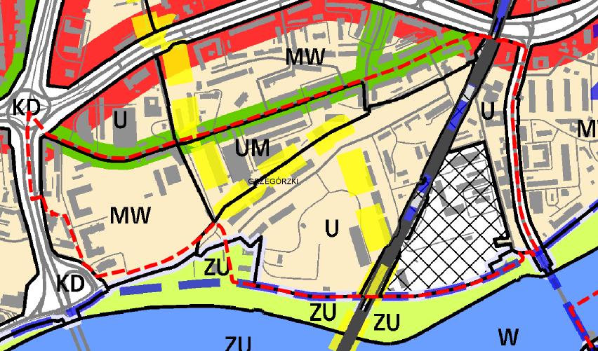 KD Tereny komunikacji Funkcja podstawowa - Tereny komunikacji kołowej obejmujące korytarze podstawowego układu drogowo-ulicznego (w tym w przebiegu tunelowym), tereny pod autostrady, drogi ekspresowe
