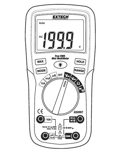 Wprowadzenie Dziękujemy za wybranie multimetra Extech EX205T True RMS. Ten miernik mierzy napięcie AC/DC (przemienne/stałe), prąd AC/DC (przemienny/stały), rezystencję, wykonuje test diod i ciągłości.