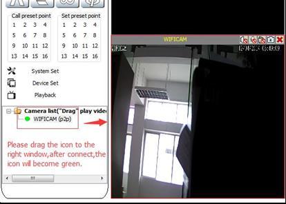 Aby przyłączyć kamerę do sieci, przeciągnij jej ikonkę do okna po prawej stronie po połączeniu z siecią kolor ikonki zmieni się z żółtego na zielony c) Dodawanie kamery zdalnie przez Internet Wciśnij