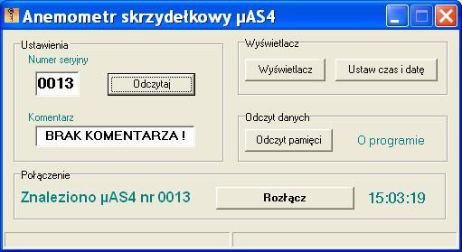 18 CONNECTED TO PC Klikaj c przycisk Odczytaj, w okienku Numer seryjny uzyskujemy informacj o numerze fabrycznym anemometru, a w okienku Komentarz mog by umieszczone