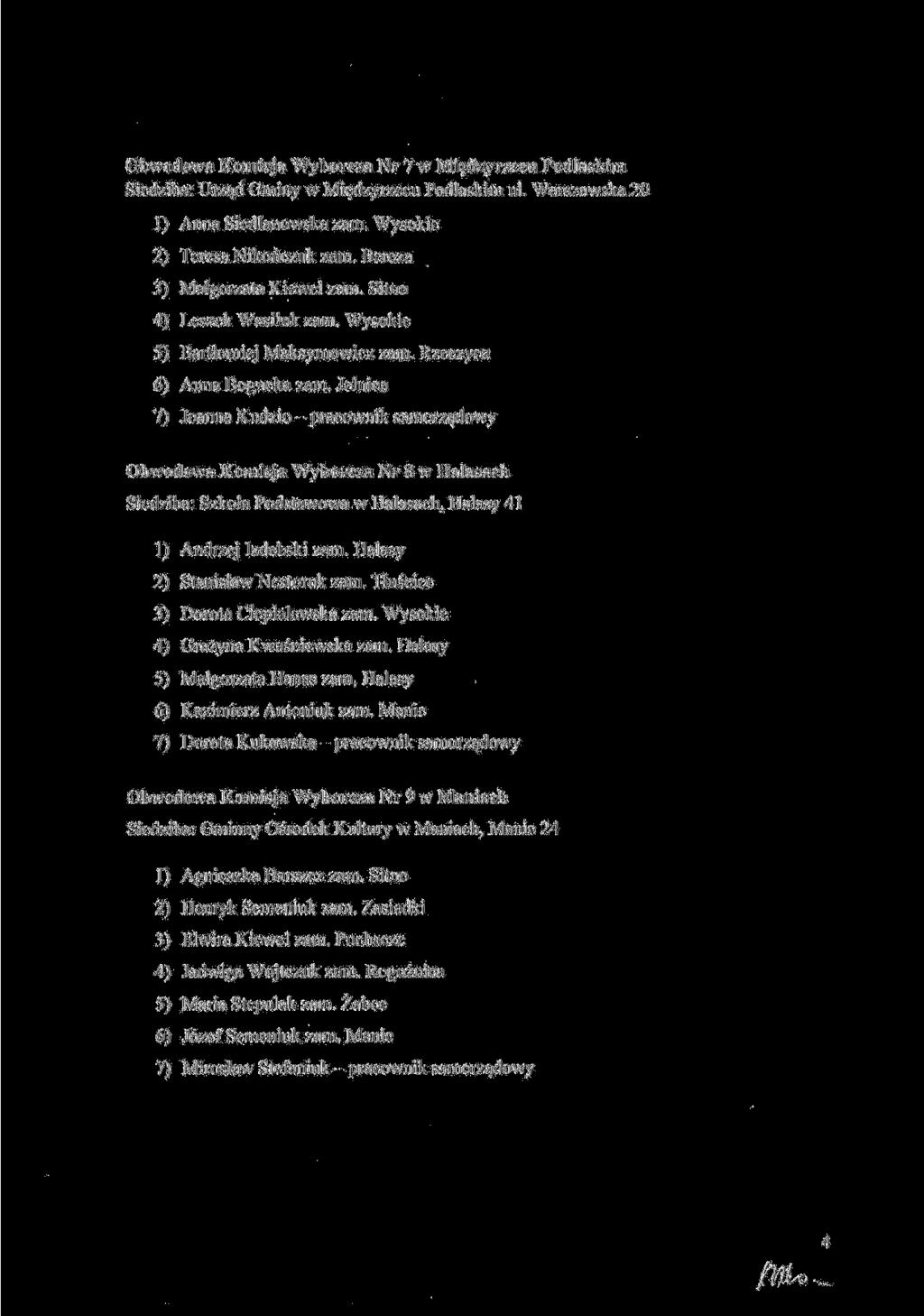 Obwodowa Komisja Wyborcza Nr 7 w Mi^dzyrzecu Podlaskim Siedziba: Urz^d Gminy w Miedzyrzecu Podlaskim ul. Warszawska 20 1) Anna Siedlanowska zam. Wysokie 2) Teresa Nikohczuk zam.