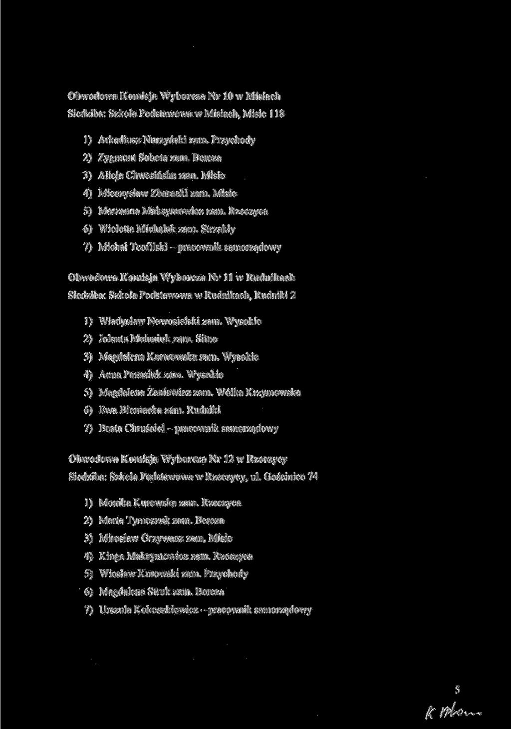 Obwodowa Komisja Wyborcza Nr 10 w Misiach Siedziba: Szkola Podstawowa w Misiach, Misie 118 1) Arkadiusz Nurzynski zam. Przychody 2) Zygmunt Sobota zam. Bereza 3) Alicja Chwesiriska zam.