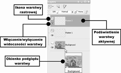 Rozdział 4. Praca z wieloma zdję ciami i warstwami 151 Rysunek 4.2. Paleta Layers jej nazwie wskaźnik myszy. Po chwili pojawi się miniaturka z podglądem wskazanej warstwy.