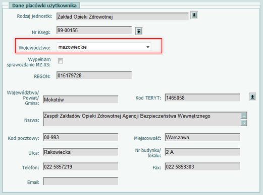 W przypadku rejestracji użytkownika dla jednostki ZOZ, która ma jednostki niższego szczebla znajdujące się w różnych województwach mamy możliwość wybrania z rozwijalnej
