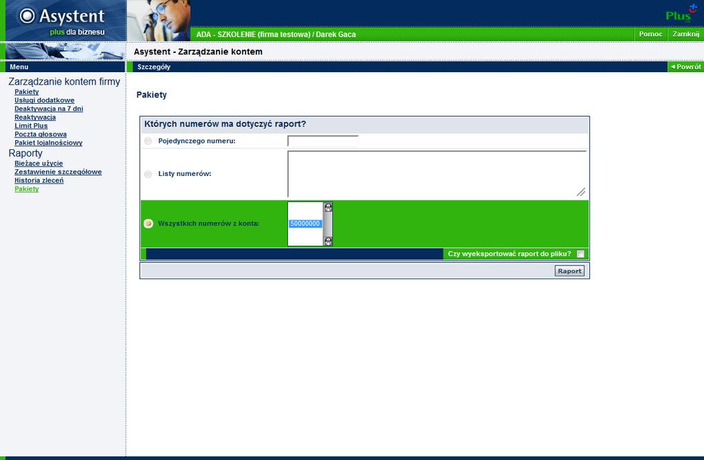 Krok 2a 1. Zaznaczamy konto dla którego chcemy wyświetlić raport użycia pakietów. 2. Klikamy przycisk Raport.