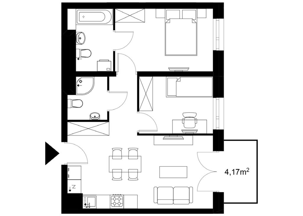 Budynek A / Mieszkanie A3.205 Klatka: 4 Piętro: 3 LICZBA POKOI: 3 wsch POWIERZCHNIA: 51.97 m 2 Korytarz: 2.