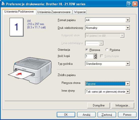 Metody drukowania e Za pomocą sterownika drukarki wybierz następujące opcje: Format papieru... (1) Typ nośnika.