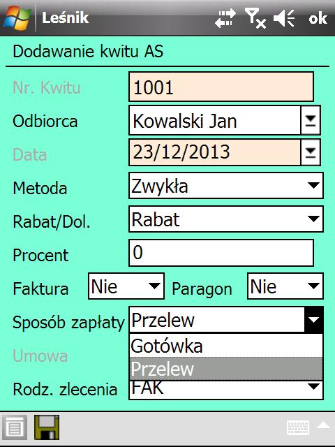Nr kwitu, odbior: Data Metoda Wiersz ten składa się z dwóch pól: Nr kwitu (nie można edytować, gdyż numer ten jest nadawany przez rejestrator) oraz Odbiorca.
