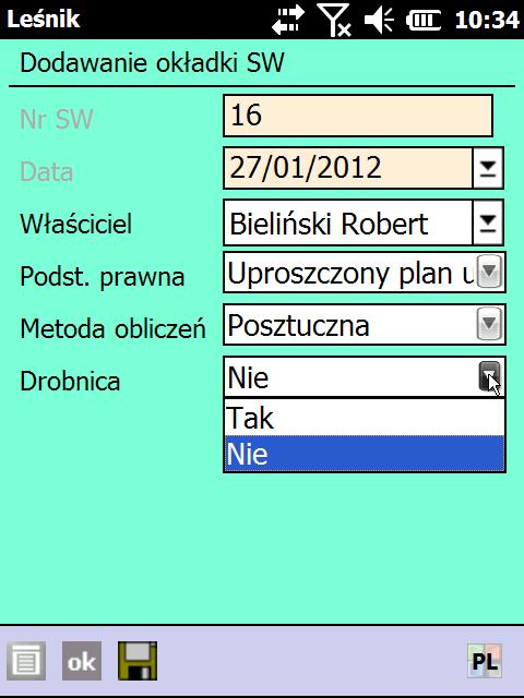 Podstawa prawna domyślnie Uproszczony plan urządzania lasu ; Metoda obliczeń domyślnie Posztuczna z możliwością zmiany na Statystyczna.