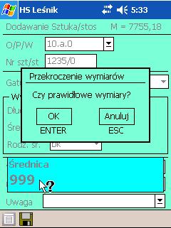 Dla sortymentów S2A, S2B, S4, M1, M2, ZO, ZP w przypadku przekroczenia wartości 500 w polu Wysokość program wyświetla stosowny komunikat i po potwierdzeniu poprawności zapisuje dane.