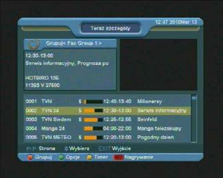 Wciśnięcie przycisku [EPG] uruchamia przeglądarkę EPG: 2.Wciśnięcie przycisku [OK] umożliwia wyświetlenie szczegółowego opisu dla aktualnego wydarzenia na wybranym kanale. 5.
