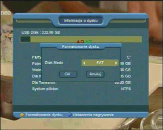 W tym menu możliwe jest sprawdzenie informacji na temat włożonego urządzenia USB, takich jak rozmiar dysku, wolna przestrzeń, zajęta przestrzeń i system plików. 14.2.