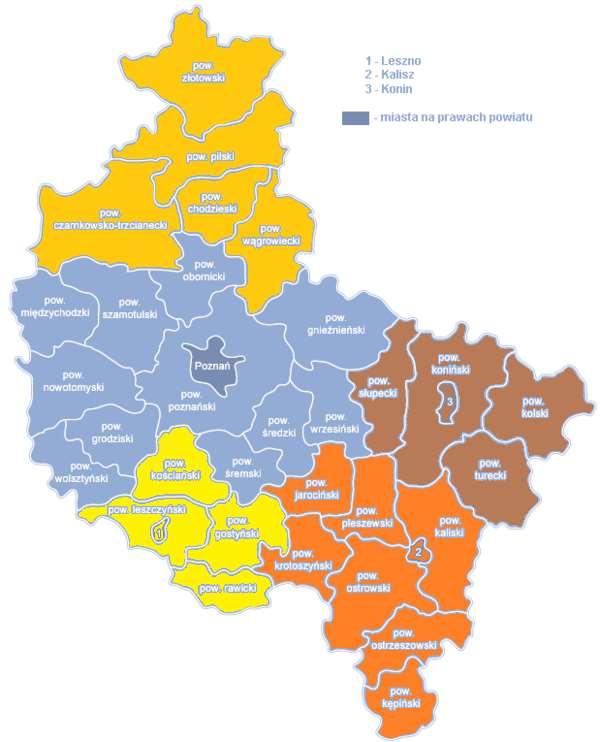 Zasięg działania: Centrum w Kaliszu (kolor niebieski) Centrum w Koninie (kolor brązowy)