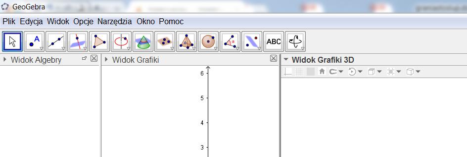 Część I. 1. Otwórz nowy plik GeoGebry. 2. W menu Widok mają być włączone opcje: Widok Algebry, Widok Grafiki, Widok Grafiki 3D. W menu Opcje wybierz Etykietowanie -> Bez nowych obiektów.