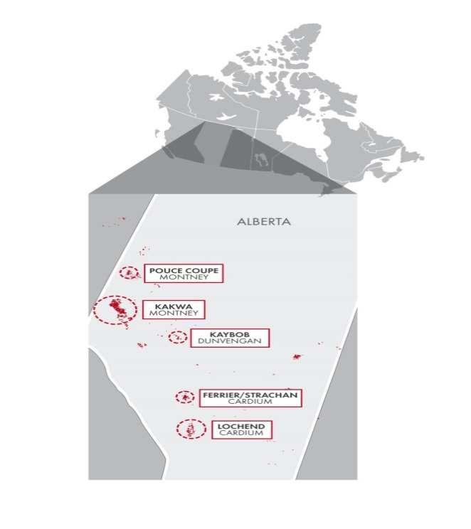 WYDOBYWCZE Aktywa skoncentrowane w prowincji Alberta obejmują 5 obszarów: Lochend, Kaybob, Pouce Coupe, Ferrier/Strachan oraz Kakwa Aktywa ORLEN Upstream