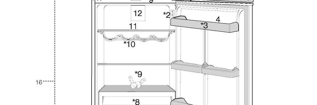 Twoja chłodziarka 1. Półka w drzwiach komory zamrażalnika 2. Przycisk nastawiania temperatury 3. Ruchoma półka w drzwiach 4. Miejsce na jajka 5. Półka na butelki 6. Regulowane nóżki 7.