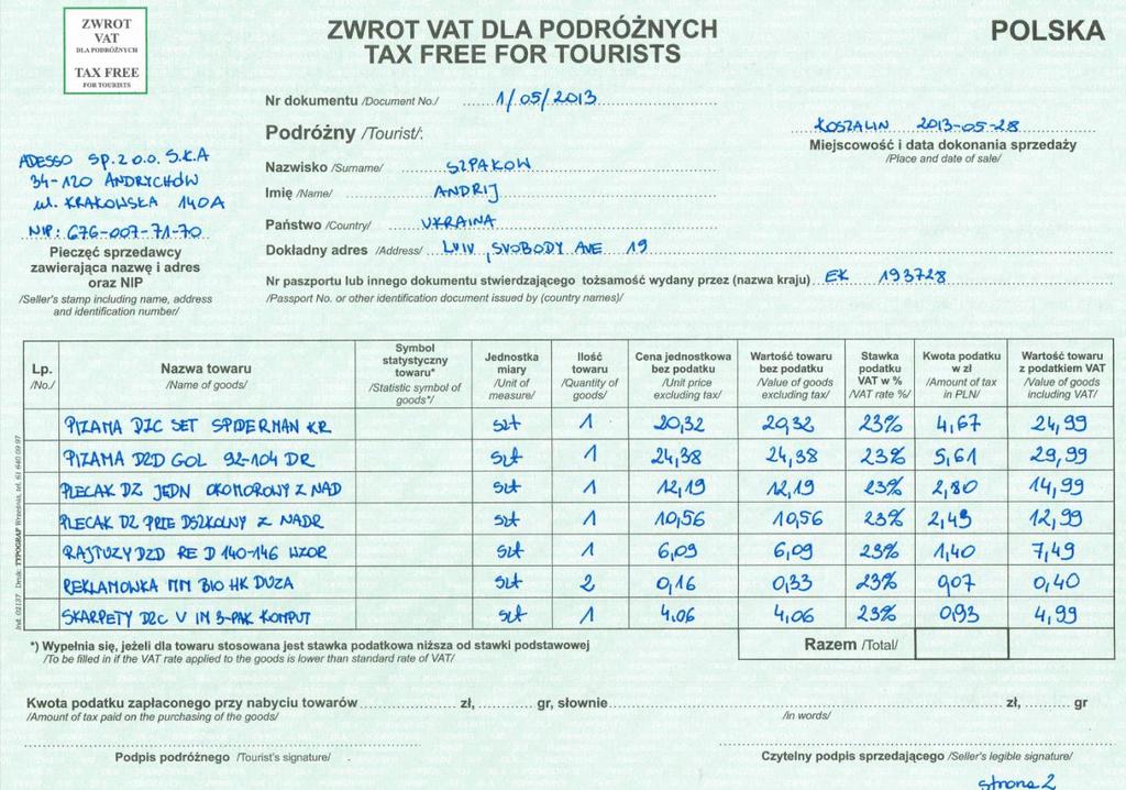 Na każdym z druków należy umieścić ten sam nr dokumentu Pozycje