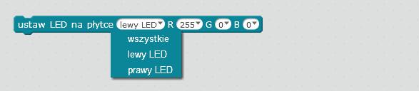 Sterowanie diodami LED RGB (5 min.) Nauczyciel prezentuje bloczek sterujący diodami LED RGB na płytce robota. Przypomina znaczenie symboli: R red (czerwony), G green (zielony), B blue (niebieski).