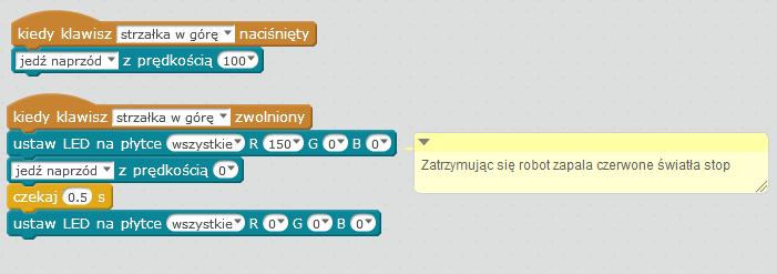 program do zdalnego sterowania robotem ze scenariusza 2 np. o kierunkowskazy, światła stop i światła drogowe uruchamiane przy pomocy klawiszy na klawiaturze komputera. Ćwiczenie 3.