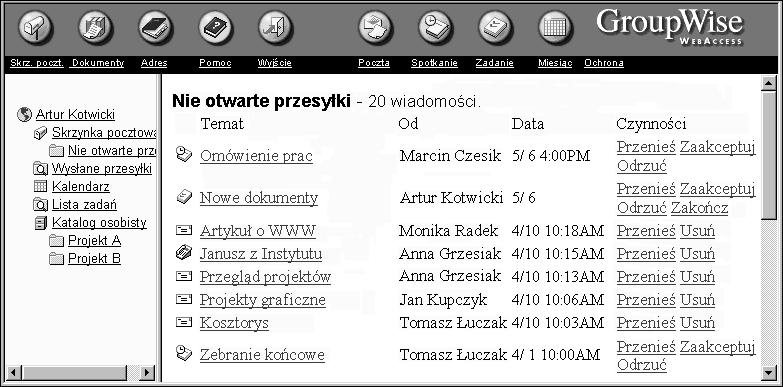 Znaczenie okna g ównego "Okno g wne" stanowi baz«dla programu GroupWise. Z okna g wnego moýna odczytywa wiadomoæci, planowa terminy spotkaä, przeglˆda kalendarz i wykonywa wiele innych czynnoæci.