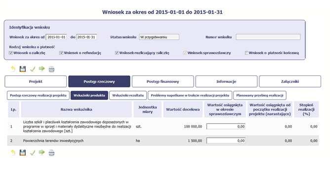 WSKAŹNIKI PRODUKTU Wskaźniki produktu określają materialne efekty (np. zrealizowane usługi, zakupiony sprzęt, wybudowana droga, itp.), jakie powstały w okresie realizacji projektu.