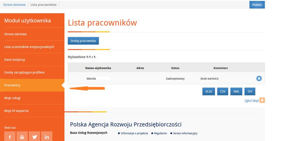 9. Po wysłaniu zgłoszenia na usługę, należy wejść w Module użytkownika do zakładki Pracownicy.