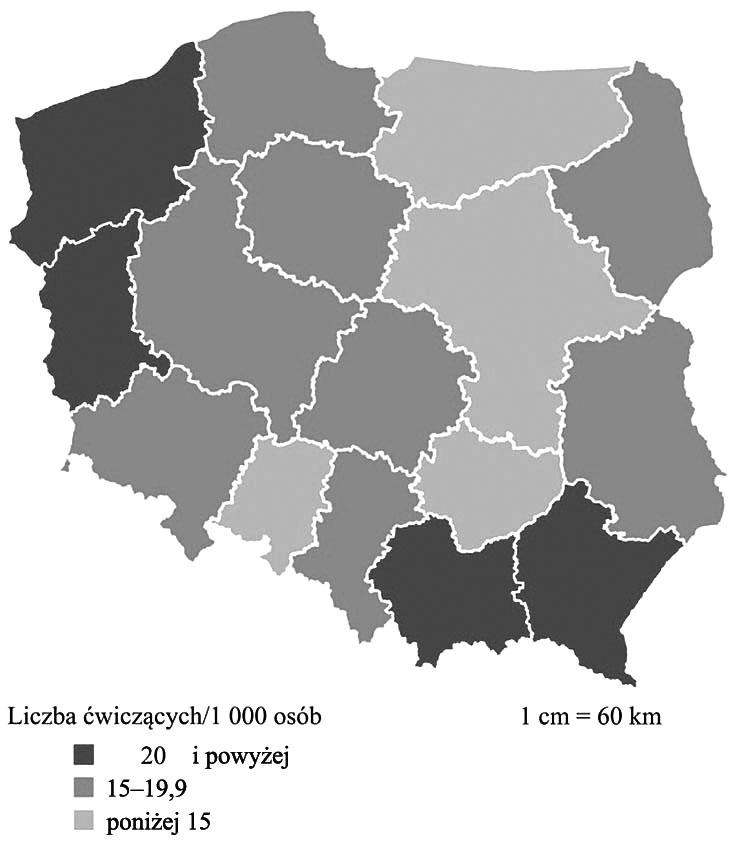 100 Emilia Bogacka Ryc. 3. Liczba ćwiczących w klubach sportowych na 1 000 osób w układzie wojewódzkim Polski w 2000 r.