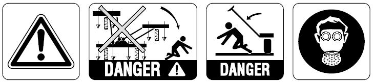 DANGER = NIEBEZPIECZEŃSTWO BEZPIECZEŃSTWO PRACY: Zwrócić uwagę na zalecenia związane z bezpieczeństwem pracy: WOM wg załączonej do niego ulotki Znaczniki przejazdów i składane ramy nigdy nie wolno na