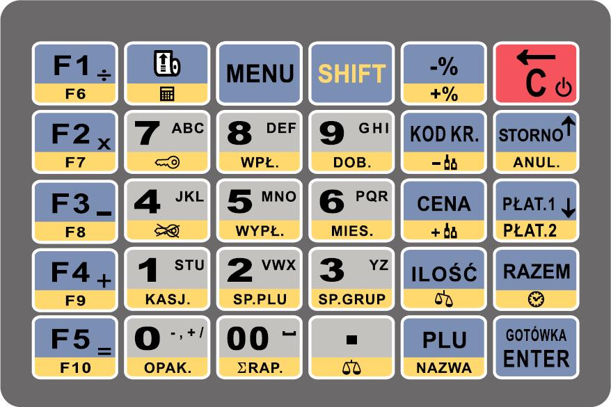 2.5 K L AW I AT U R A 2.5.1 U K Ł A D K L AW I AT U RY 2.5.2 P O D S TAW O W E F U N K C J E K L AW I S Z Y [ ] Używany do wysuwu papieru w drukarce o jedną lub więcej linii (przy dłuższym naciskaniu