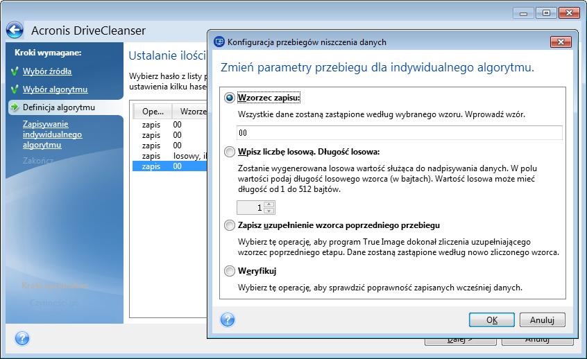 Tabeli towarzyszy następująca legenda: Pierwsza kolumna zawiera typ operacji (zapisanie symbolu na dysku i weryfikacja zapisu). Druga kolumna zawiera wzorzec danych zapisywanych na dysk.