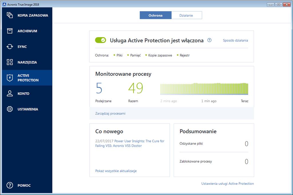 Ustawienia Aby uzyskać informacje o ustawieniach, zobacz Zarządzanie usługą Acronis Active Protection (s. 185). 11.6.4.