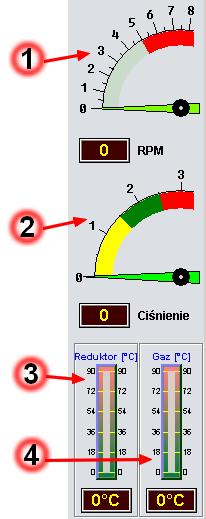 4.2 Opis Odczytów: Wszystkie wartości wyświetlane są w czasie rzeczywistym. 1. Obroty silnika: - obrotomierz pokazuje w czasie rzeczywistym aktualne obroty silnika 2.