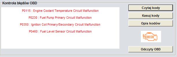 Czytaj kody, Kasuj kody oraz Opis kodów błędów ; zakładka Odczyty OBD, która włącza dodatkowe okno z wyświetlaniem wszystkich komunikatów od OBD.