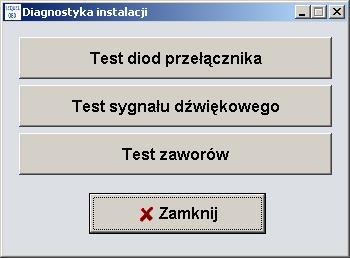 4.7.4 Diagnostyka instalacji Okno pozwala dokonać kilku testów: Test diod przełącznika sprawdzanie stanu centralki przełącznika i wskaźników poziomu gazu.