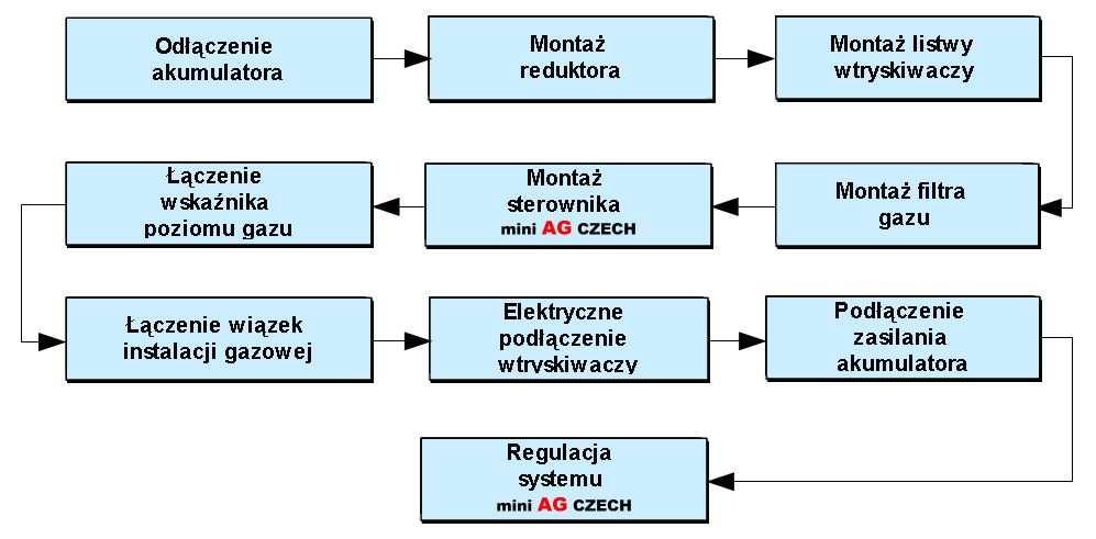 2.2 SKRÓCONY MONTAŻ SYSTEMU STEROWANIA WTRYSKIEM GAZU MINI AG CZECH Moc / 1 cylinder [KM] Rodzaj wtrysku Sekwencyjny Półsekwencyjny Fullgrup Średnica dyszy LPG[mm] 1-12 1,6 1,5 1,3 12-15 1,8 1,7 1,5