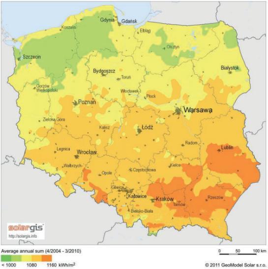 Rozkład średniorocznego nasłonecznienia na terenie Polski jest w zasadzie równomierny. Niemcy zainstalowali w tym roku ponad 1,359 GW instalacji PV.