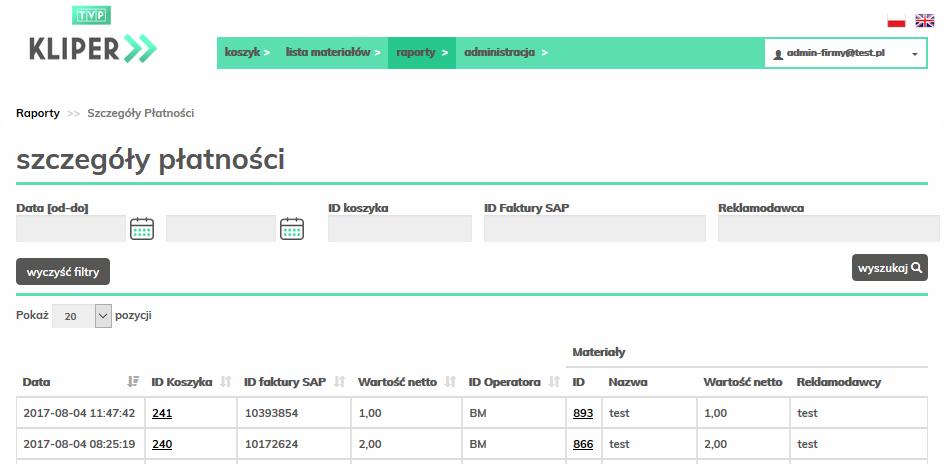 6.2. Szczegóły płatności UWAGA! ta zakładka jest dostępna tylko dla użytkownika w roli Administratora firmy.