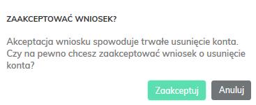 Aby zaakceptować wniosek, Administrator wybiera przycisk Akceptuj. Pojawia się okno z prośbą o potwierdzenie decyzji. Administrator ma również możliwość odrzucenia wniosku.