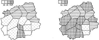 Średnia liczba dekad z dostatecznym uwilgotnieniem gleby, według okresów i obszarów sprawozdawczych, w województwie kujawsko-pomorskim w latach 1965/1966 1997/1998 Figure 4.