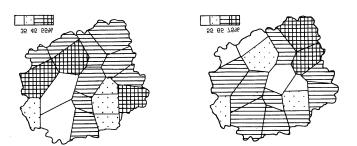 Frequency of occurrence of the 10-day periods with the sufficient moisture of soil according to the reporting periods and areas in the Kujawsko-Pomeranian Province in the years 1965/1966 1997/1998 11