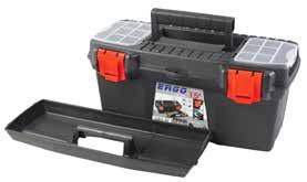 ToolBox Ergo Profi 15 Skrzynka narzędziowa Ergo Profi 15 383(L) x 188(W) x 170(H) mm Ergo handle Rączka Ergo Ergo latches Zapięcie Ergo Padlock hole Miejsce na kłódkę Tray Tacka Profi organisers