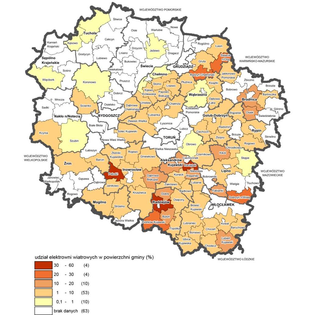 Na rycinie 35 przedstawiono wskaźnik udziału elektrowni wiatrowych w powierzchni gminy na terenie województwa kujawsko-pomorskiego.