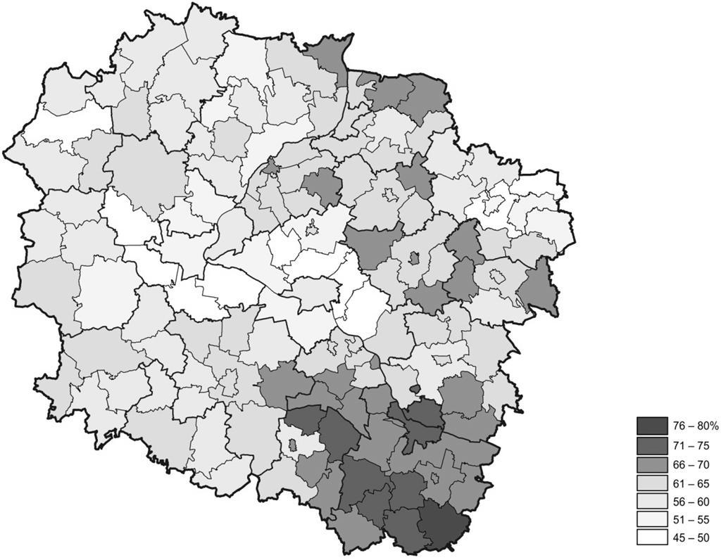 Ryc. 104. Stopa bezrobocia długookresowego jako procent osób długookresowo bezrobotnych w populacji osób bezrobotnych w gminach województwa kujawsko-pomorskiego w 2014 roku Źródło: BDL GUS.