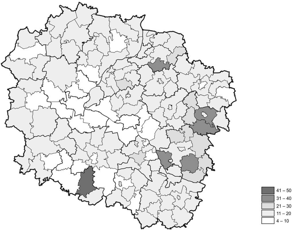 Ryc. 105. Odsetek mieszkańców gmin korzystających z pomocy społecznej w województwie kujawsko-pomorskim w 2014 r. Źródło: BDL GUS.