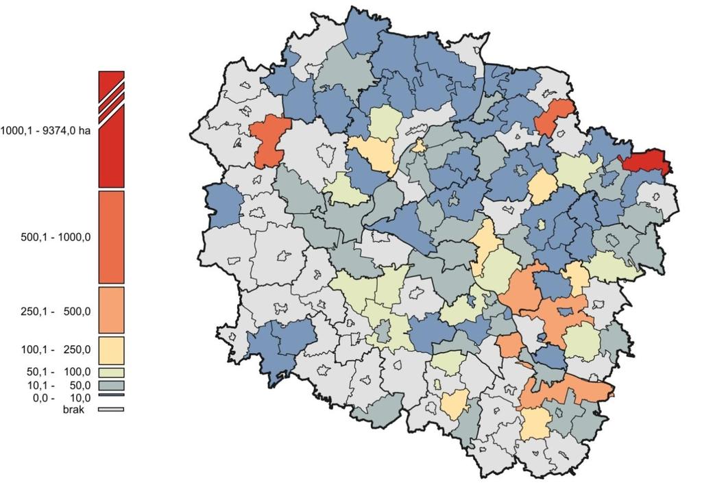 Ryc. 27. Udział powierzchni gminy objętej obowiązującymi miejscowymi planami zagospodarowania przestrzennego w powierzchni ogółem w 2015 r.