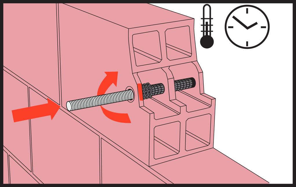 Zamknąć zatyczkę perforowanej tulejki zabezpieczającą przed wypływaniem kleju podczas osadzania stalowego pręta.