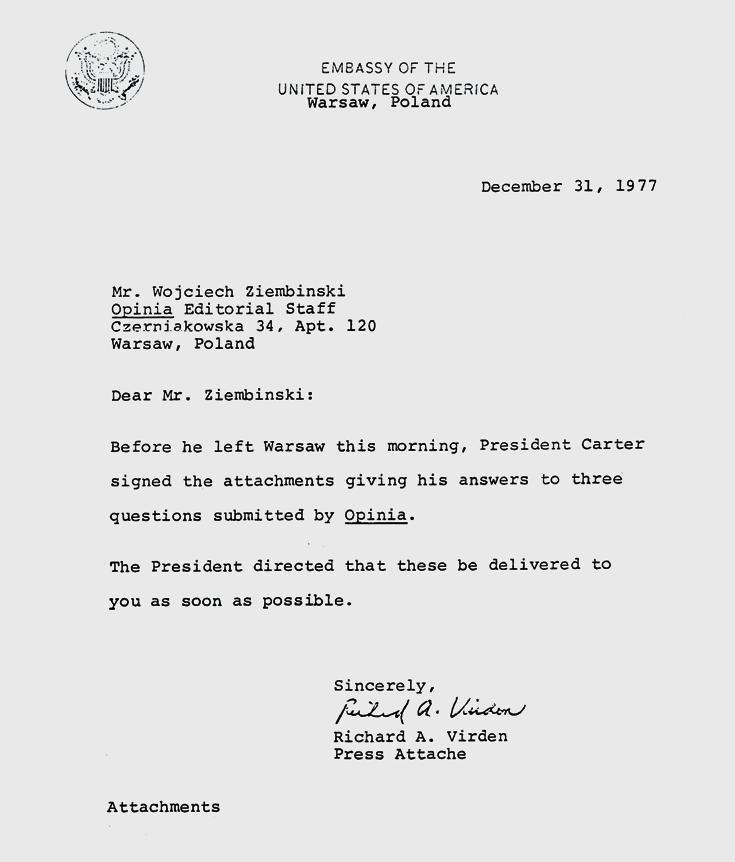 Pismo attaché prasowego ambasady USA w Warszawie w sprawie odpowiedzi prezydenta Jimmy ego Cartera na pytania zadane przez redakcję pisma Opinia, 31 XII 1977 r. Fot.